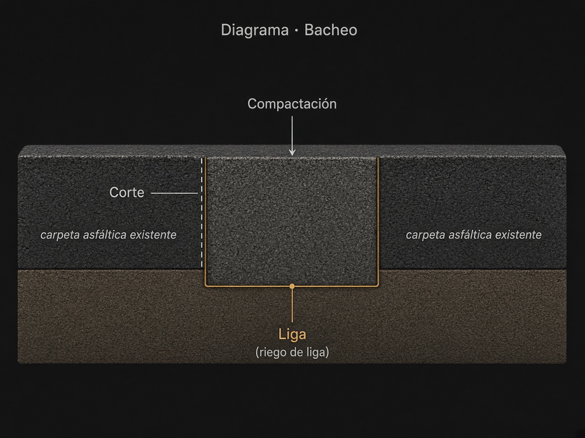 Diagrama ilustrado del bacheo: corte vertical hasta material sano, riego de liga en lecho y paredes, y mezcla nueva compactada al ras de la carpeta existente.